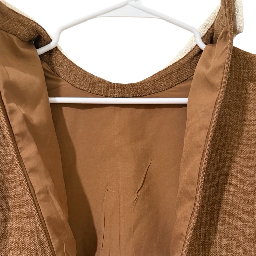 MOTF Womens Mini Dress Large Brown Pearl Trim White Tweed Collar Cuffs - Picture 9 of 13